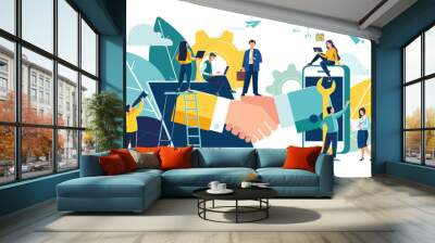 Online conclusion of the transaction. The opening of a new startup. Business handshake, via phone and laptop. Vector illustration in a flat style investor holds money in ideas online vector Wall mural