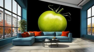 Delicious single green tomato isolated on black background with clipping path Wall mural