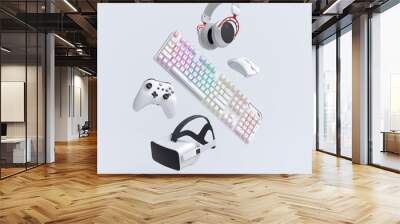 Flying gamer gears like mouse, keyboard, joystick, headset, VR Wall mural