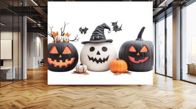 Halloween pumpkins with carved faces, one wearing a witch hat, surrounded by bats and leaves isolated on a white transparent background. Concept of Halloween celebration Wall mural