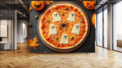 Pizza with ghost-shaped cheese toppings, black olives, and spider decorations on black. Festive food for Halloween Wall mural