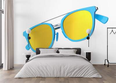 Realistic sunglasess with gradient lens and blue plastic frame on white Wall mural