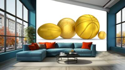 Set of gold ball like basketball, american football and golf isolated on white Wall mural