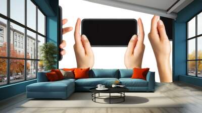 Set of women's hands showing black smartphone, concept of taking photo or selfie Wall mural