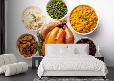 Thanksgiving dinner featuring roast turkey, mashed potatoes, stuffing, peas, sweet potatoes, greens on white background Wall mural