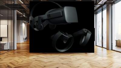 Virtual reality glasses and controllers for online gaming on black background Wall mural