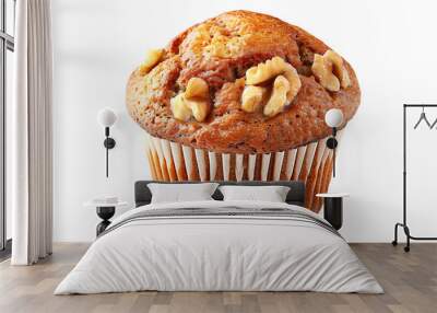 Walnut muffin or banana nut cupcake topped with crunchy nuts pieces isolated on white transparent background Wall mural