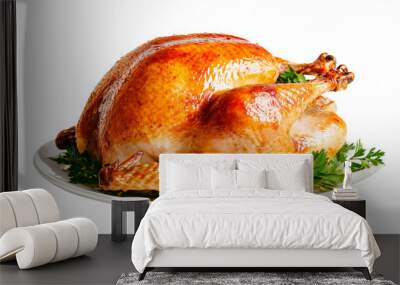 Whole roasted turkey or chicken garnished with fresh herbs isolated on white transparent background. Concept of food for Thanksgiving Day Wall mural