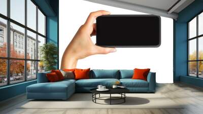 Women's hand showing black smartphone, concept of taking photo Wall mural