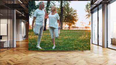 Senior couple doing sport outdoors Wall mural