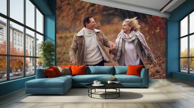 Senior couple in park in autumn Wall mural