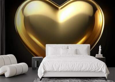 Shiny Gold Heart Shape on Black Background. Generative AI Wall mural