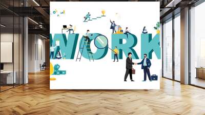 Work search, hiring, working group, freelance, web graphic design. Work. Handshake of two business people. Compromise. Signing business documents. Investor and money. Business team.Vector illustration Wall mural