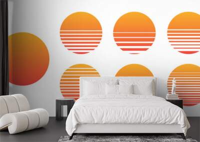 Retro sunset above the sea or ocean with sun and water silhouette. Vintage styled summer logo or icon design isolated on white background. Wall mural