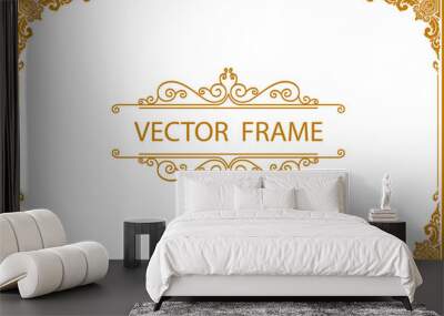 Gold photo frame with corner line floral for picture, Vector design decoration pattern style.frame floral border template, wood frame border design is patterned Thai style Wall mural