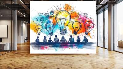 A colorful artistic representation of a team brainstorming session with lightbulbs symbolizing ideas. Wall mural