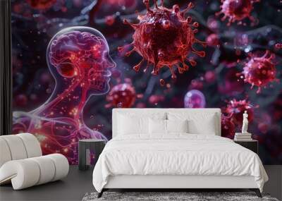 An artistic representation of the human immune system fighting off virus particles, highlighting the body's defense mechanisms and viral interaction. Wall mural