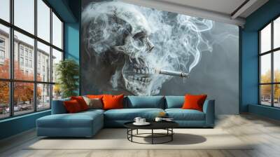 Eerie skull smoking a cigarette with smoke swirling around, representing the dangers of smoking and mortality. Wall mural