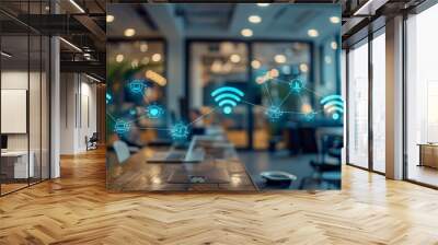 Illustration of connected devices and wireless network icons in a modern office, representing IoT and smart technology. Wall mural