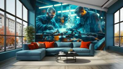 Two industrial workers with protective gear are intensely welding metal in a smoky manufacturing plant environment. Wall mural