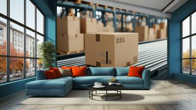 A wooden box on a conveyor belt in a warehouse, surrounded by stacked cardboard boxes, highlighting logistics and packaging. Wall mural