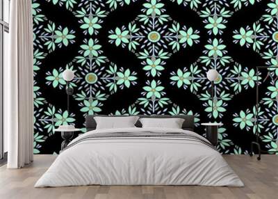 Seamless abstract floral bunch pattern with black background. Wall mural