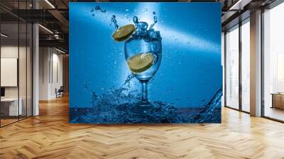 Closeup of lime slices dropping into a glass of water against a blue background Wall mural