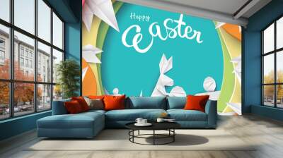 3d paper cut illustration of colorful easter rabbit, grass, flowers and egg shape. Happy easter greeting card template. - Vector Wall mural