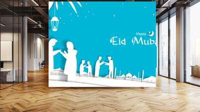 People celebration, forgive each other and shake hands in eid festival with paper cut style Wall mural