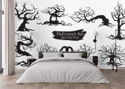 Spooky trees silhouette collection of Halloween vector isolated on white background. scary, haunted and creepy curly plant element Wall mural