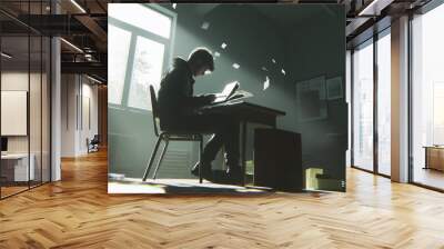 Person Writing in Shadowy Room with Paper Wall mural