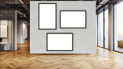 set of 3, 2 horizontal and 1 vertical black frames hang on gray wallpaper. Mock-up and Template for art, design, photography, illustration and painting. Interior, Gallery, museum and exhibitio Wall mural