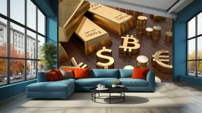 3D rendered illustration of gold bars and golden currency symbols. Stock exchange and banking concept. Wall mural