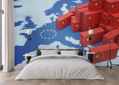 Chinese cargo containers on map of Europe. Import of chenese goods concept. 3D rendered illustration. Wall mural