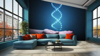 DNA and genetics research concept. Hand is holding glowing DNA molecule in hand. Wall mural