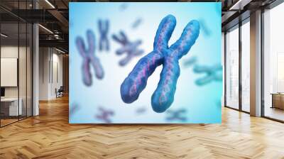 Genetics concept. Many X chromosomes with DNA molecules. 3D rendered illustration. Wall mural