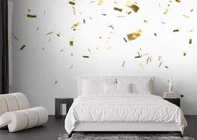 Golden confetti falling down isolated on transparent background. Wall mural