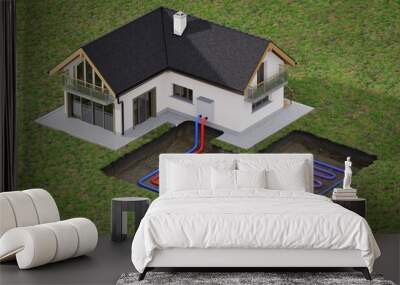 Horizontal ground source heat pump system for heating home with geothermal energy. Wall mural