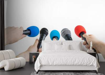 Journalism and conference concept. Many reporter hands hold microphones. Isolated on white background. Wall mural