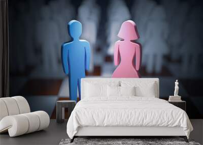 Man and woman standing on chess board. Gender equality concept. Wall mural