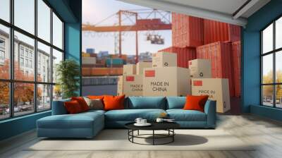 Many chinese cargo containers and cardboard boxes. Importing goods from China concept. 3D rendered illustration. Wall mural