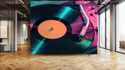 View on vintage vinyl record player playing sound from LP album. Wall mural