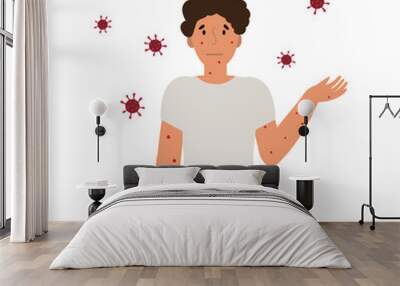 Flat vector illustration of man in t-shirt with blisters on skin caused by ingestion of monkeypox virus isolated on white background Wall mural