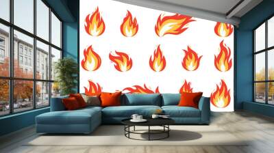 Vector bright burn flame icon set isolated on white background. Hot fire flat clipart sings collection. Burning fireball signs Wall mural