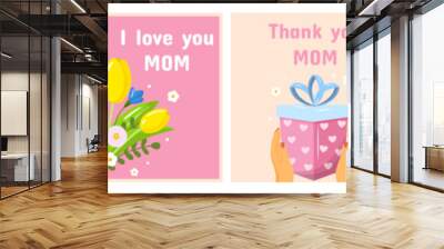 Vector happy mother's day flower greeting card template set. Spring holiday posters, box gift with tulips flowers on pink background. Square backdrop invitation, flyer, brochure for event. Wall mural