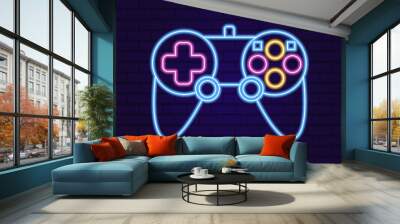 Vector neon glow game controller gamepad icon. Colored outline joystick element flat style on night dark background. Gamer device collection Wall mural