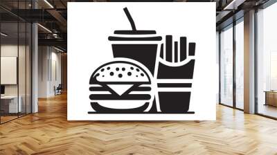 Fast food simple and clean icon, logo, silhouette, burger, fries, drinks, Symbols and signs of street food, Black Fast Food Icons Wall mural