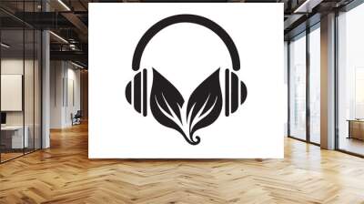 Vector Headphone Logo Icon with Leaf and Vine Motif – Black Silhouette Headset Design, Elegant Floral Style for Music and Nature Themes, Minimalist Art Illustration Wall mural