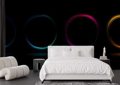 Colorful glowing dynamic waves in circle shape with reflection isolated on black background. Abstract vector illustration of neon round frames. Luminous portal. Freezelight. Wall mural