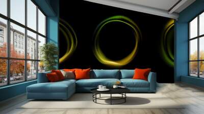 Neon dynamic wave in the form of a circle in green and orange. Abstract background with glowing swirling portal. Vector illustration. Round freezelight isolated on black background. Music, equalizer. Wall mural